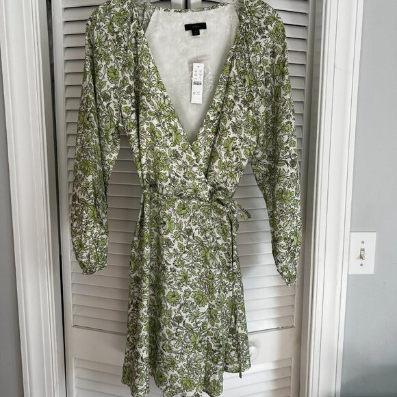 J. Crew Linen Wrap Dress in Tossed Floral Green/Cream Size Small NWT - Picture 4 of 13